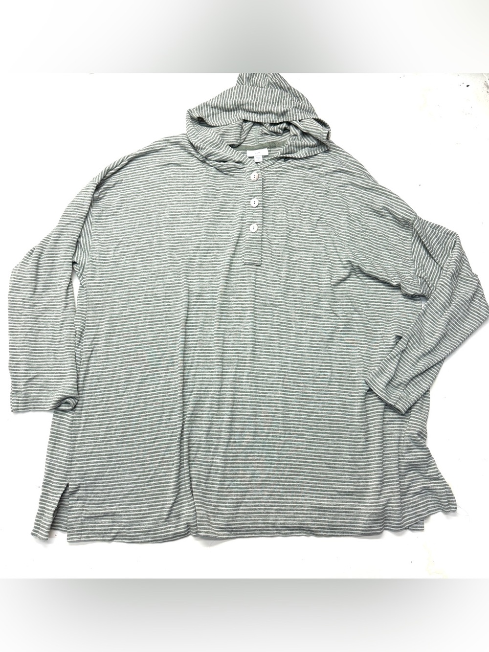 J.Jill Striped Hooded Pullover Henley Top Tunic Light Gray Lightweight Hoodie